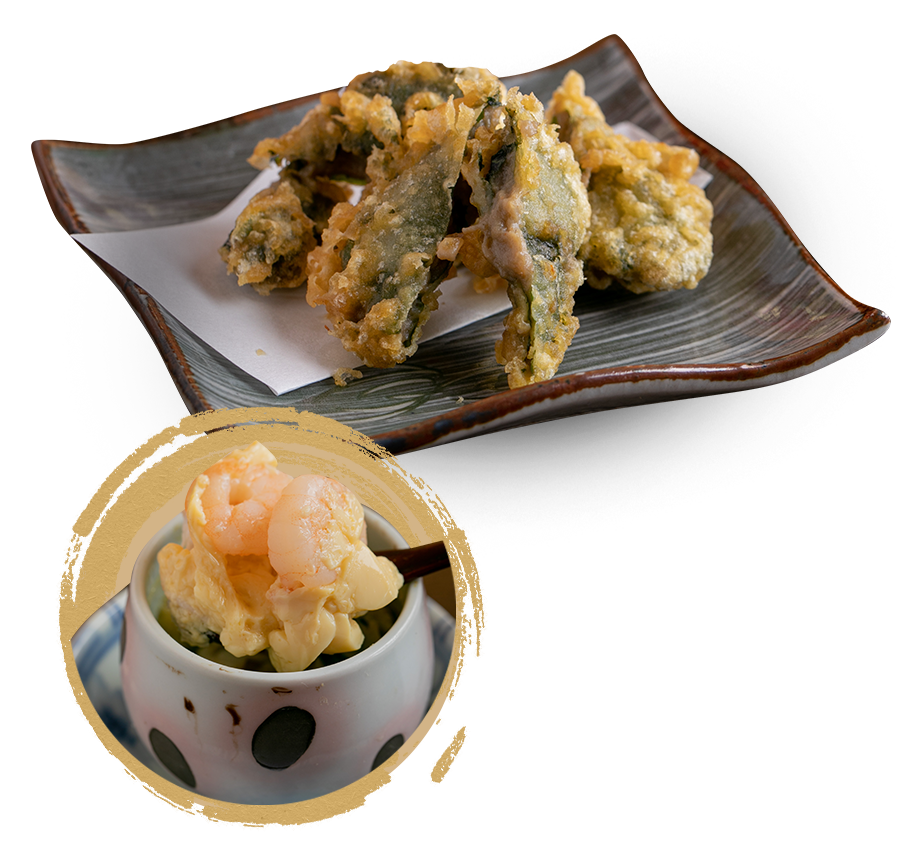 カニ味噌の天ぷら・季節の茶碗蒸し